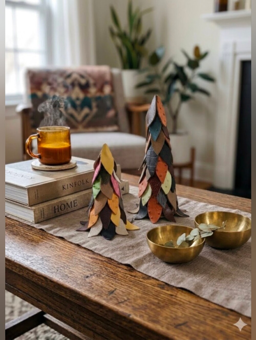 #08 Handmade Genuine Leather Set of 2 Mini Pine Tree Multi Color #08